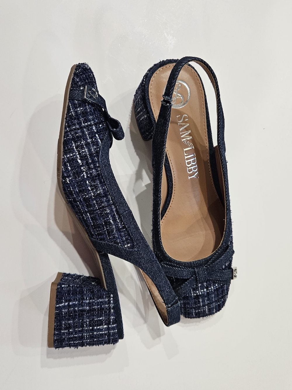 Navy Tweed Slingback Block Heel Pumps